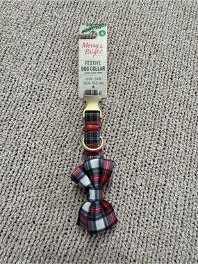 Merry & Bright Small Festive Plaid Dog Collar with Bow - Red/Blue